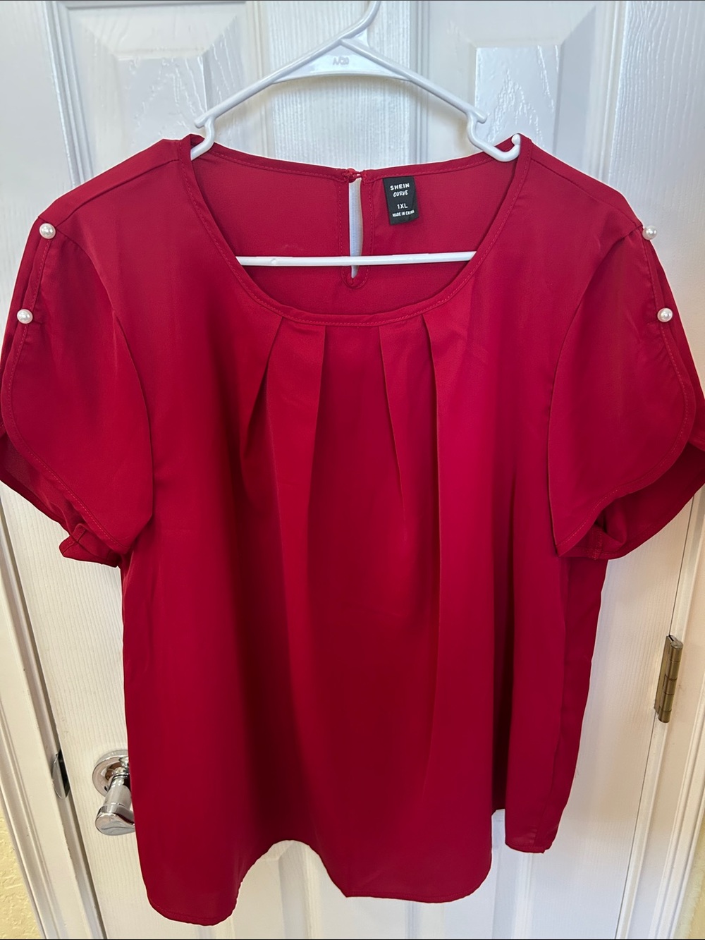 SHEIN Red Pleated Short Sleeve Blouse with Pearl Accents